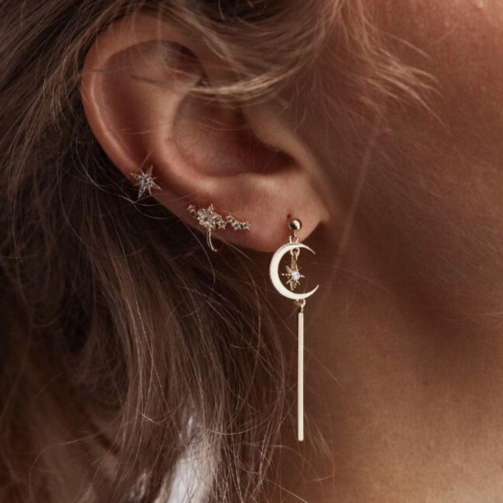 NEW Festival Star Moon Asymmetrical Gold Alloy Plated Stud 3 Piece Set
